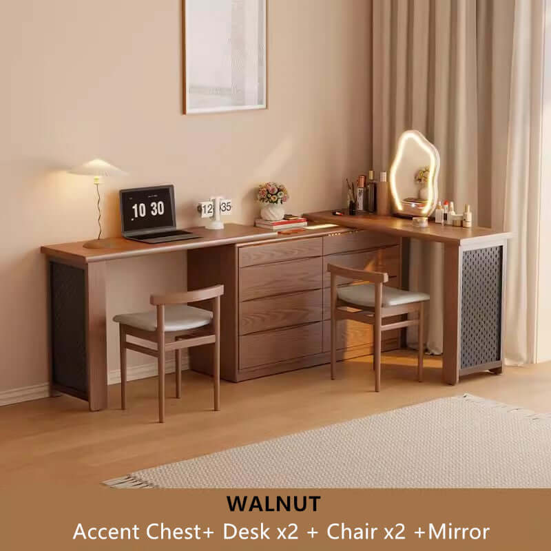 Walnut Vanity Table Set with LED Mirror and 8 Drawers