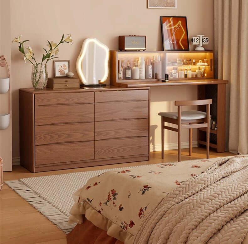 Walnut Vanity Table Set with LED Mirror and 8 Drawers