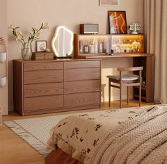 Walnut Vanity Table Set with LED Mirror and 8 Drawers