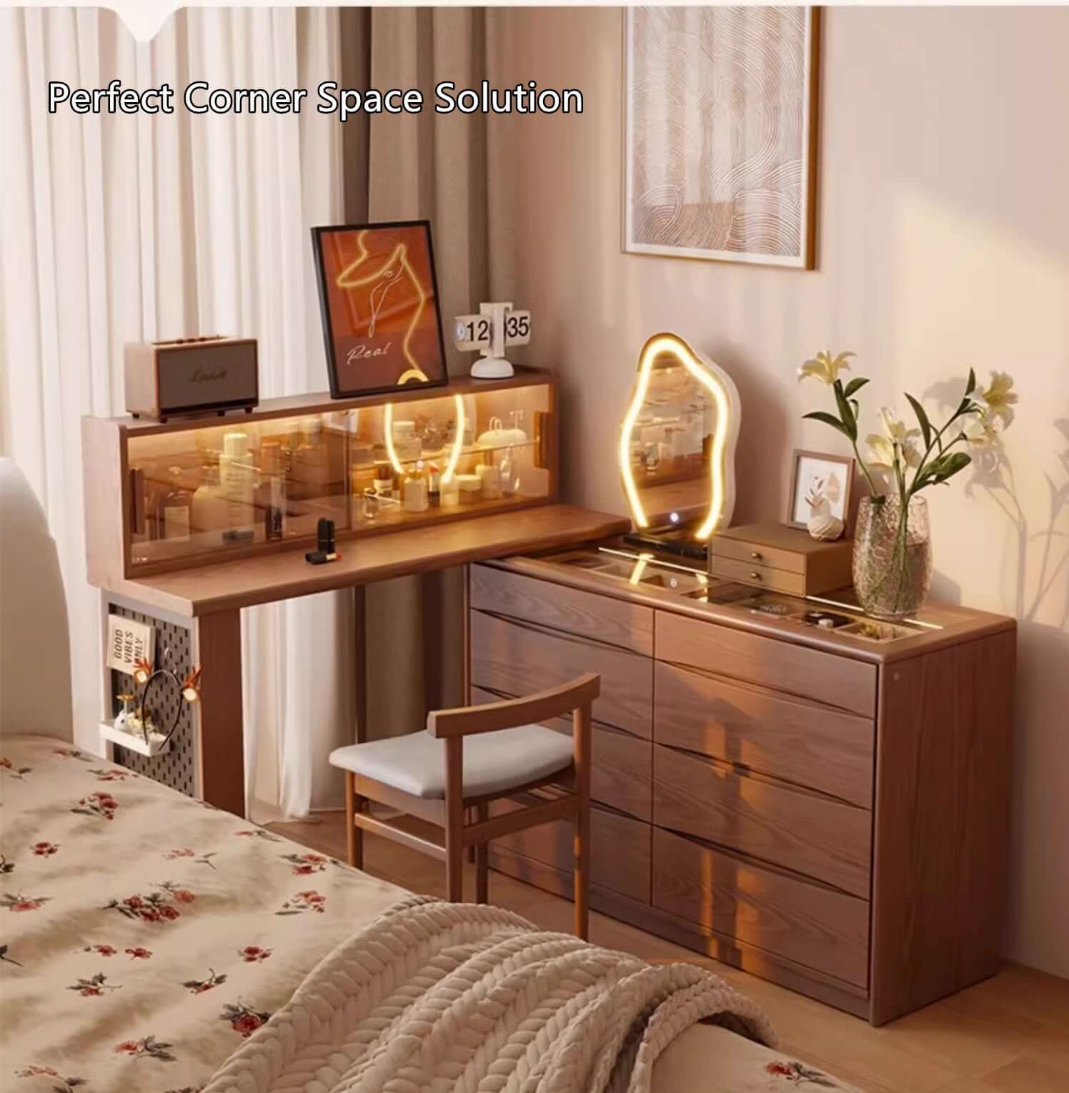 Table de coiffeuse noyer avec miroir LED et 8 tiroirs Image secondaire du produit