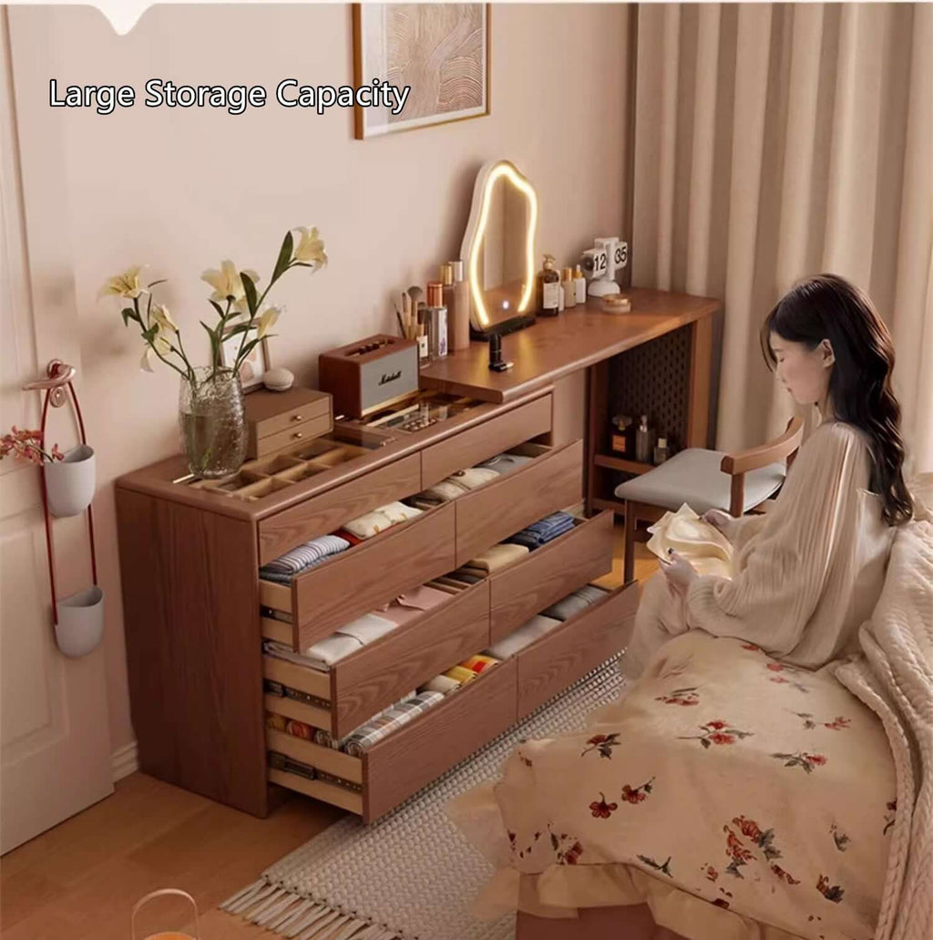Walnut Vanity Table Set with LED Mirror and 8 Drawers