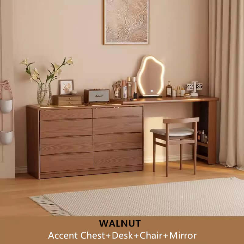 Walnut Vanity Table Set with LED Mirror and 8 Drawers