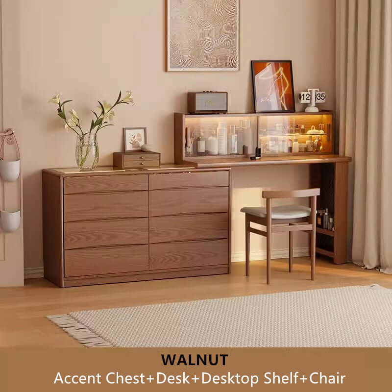 Walnut Vanity Table Set with LED Mirror and 8 Drawers