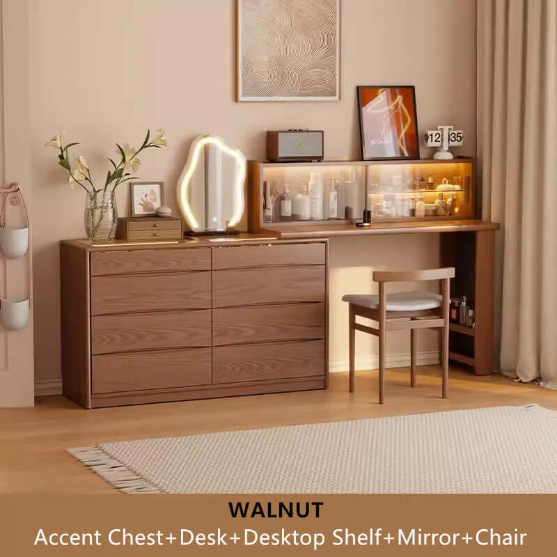 Walnut Vanity Table Set with LED Mirror and 8 Drawers
