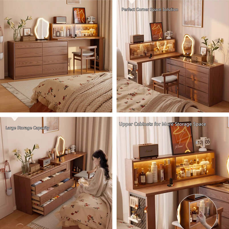 Walnut Vanity Table Set with LED Mirror and 8 Drawers Main Product Image メイン画像