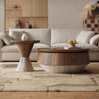 Walnut Veneer Coffee Table Set with Stone-Look Base and Hidden Storage