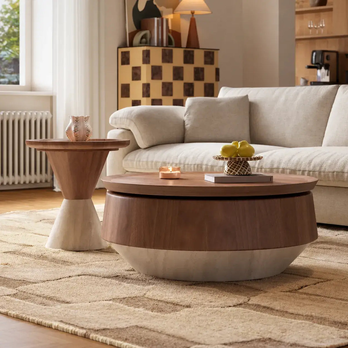 Walnut Veneer Coffee Table Set with Stone-Look Base and Hidden Storage