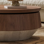 Walnut Veneer Coffee Table Set with Stone-Look Base and Hidden Storage