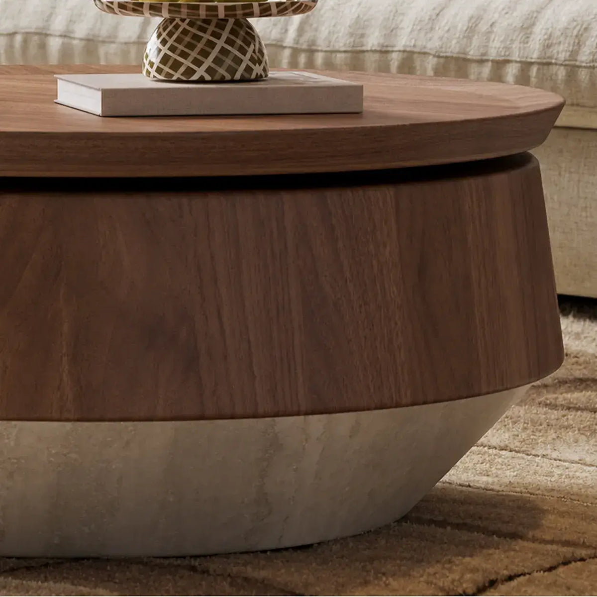 Walnut Veneer Coffee Table Set with Stone-Look Base and Hidden Storage