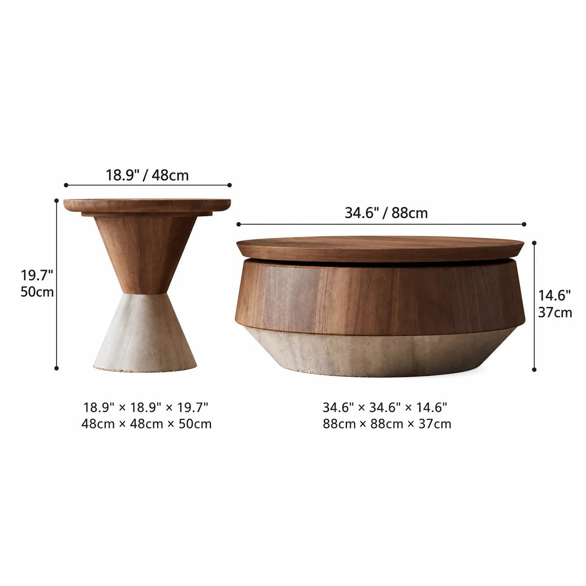 Walnut Veneer Coffee Table Set with Stone-Look Base and Hidden Storage Dimensions