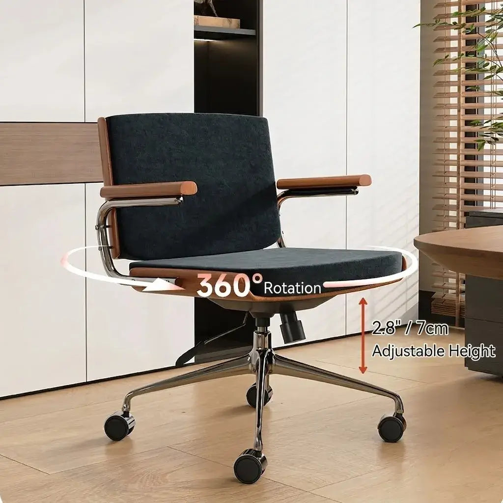 Walnut Veneer Velvet Office Chair with Ergonomic Lumbar and Alloy Base