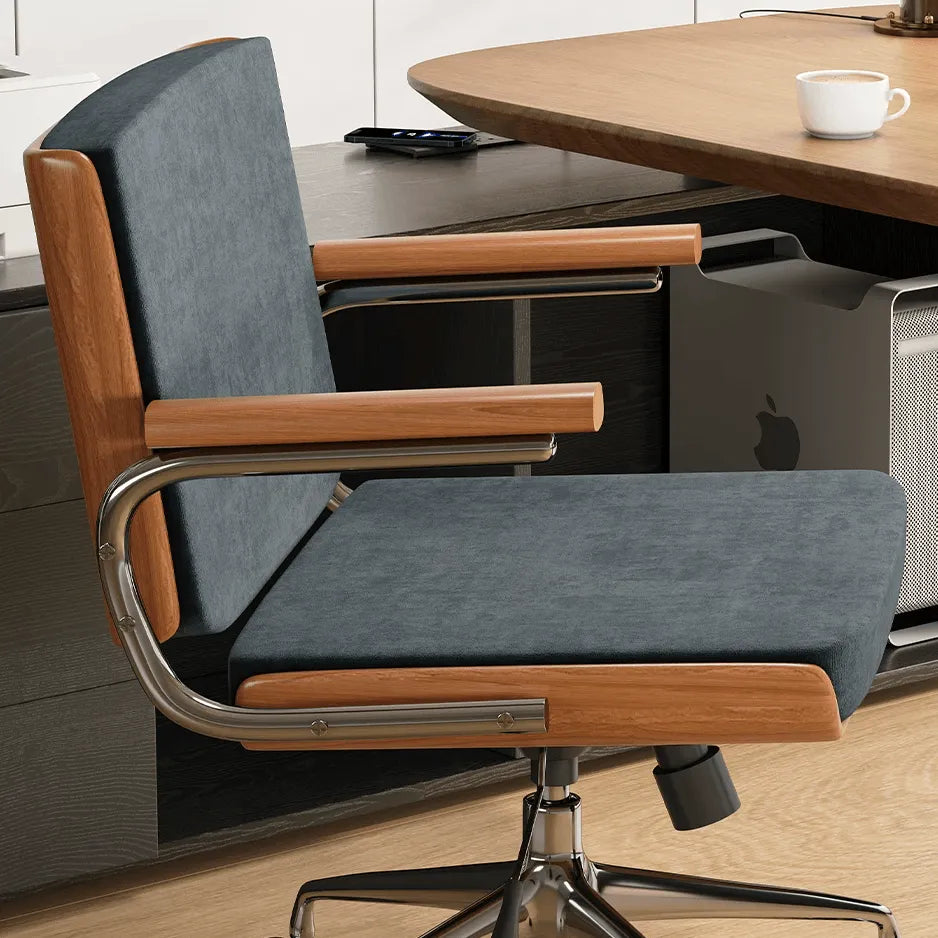 Walnut Veneer Velvet Office Chair with Ergonomic Lumbar and Alloy Base