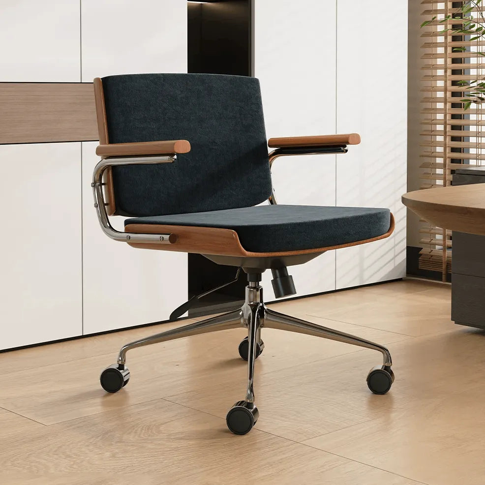 Walnut Veneer Velvet Office Chair with Ergonomic Lumbar and Alloy Base