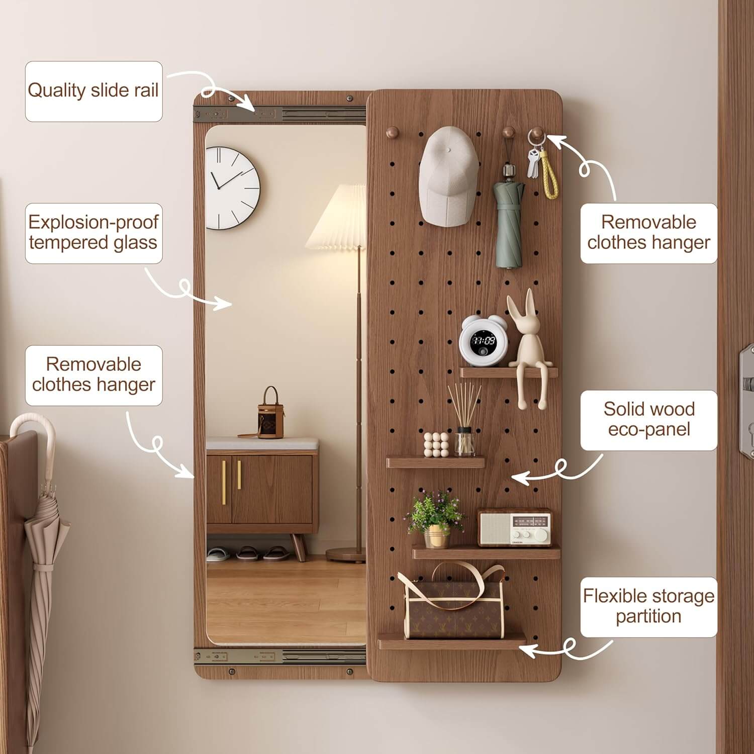 Walnut Wall Mirror With Peg Board Organizer