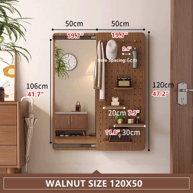 Walnut Wall Mirror With Peg Board Organizer