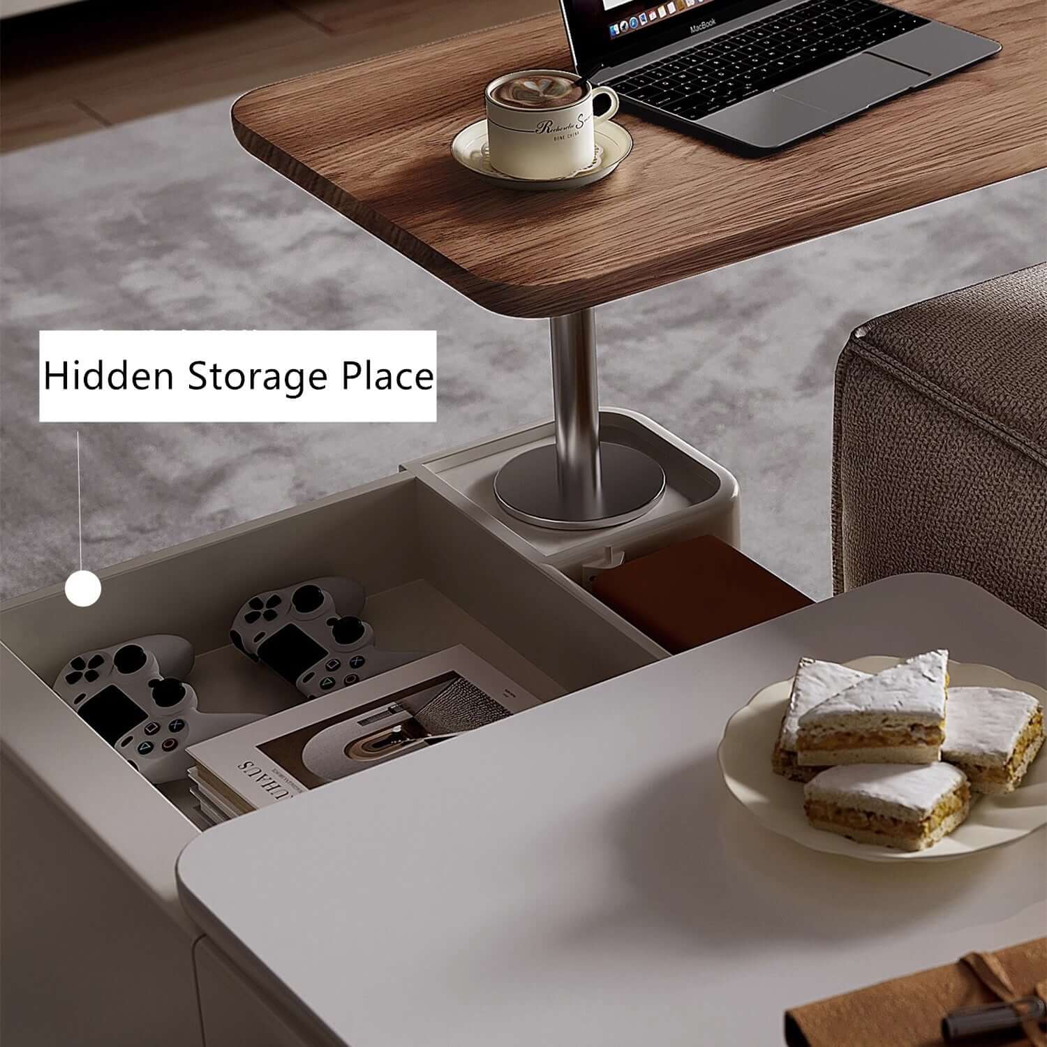 Walnut-White Rotating Lift Coffee Table with Storage