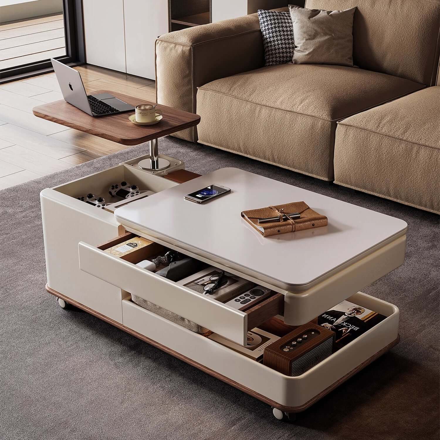 Walnut-White Rotating Lift Coffee Table with Storage Hauptbild