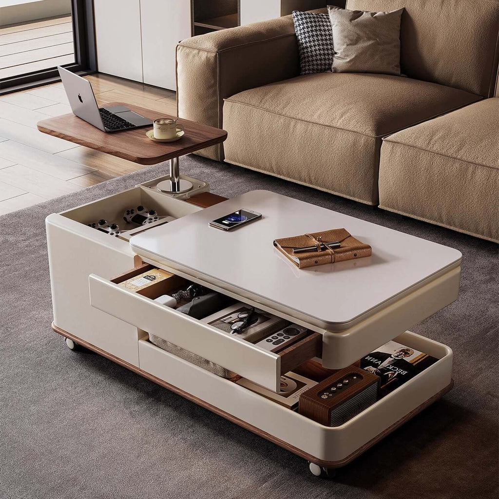 Walnut-White Rotating Lift Coffee Table with Storage