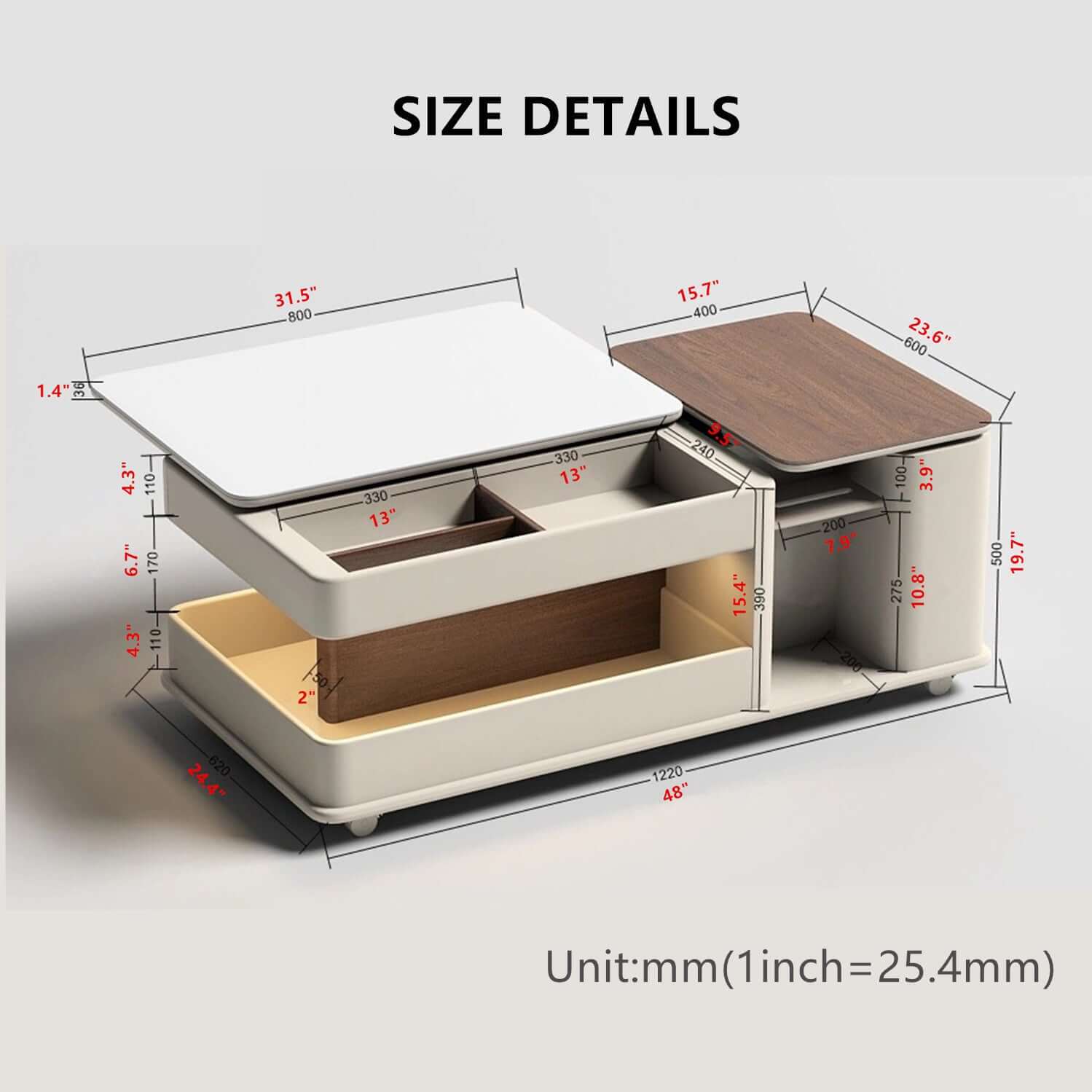Walnut-White Rotating Lift Coffee Table with Storage