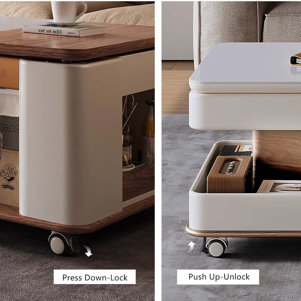 Walnut-White Rotating Lift Coffee Table with Storage