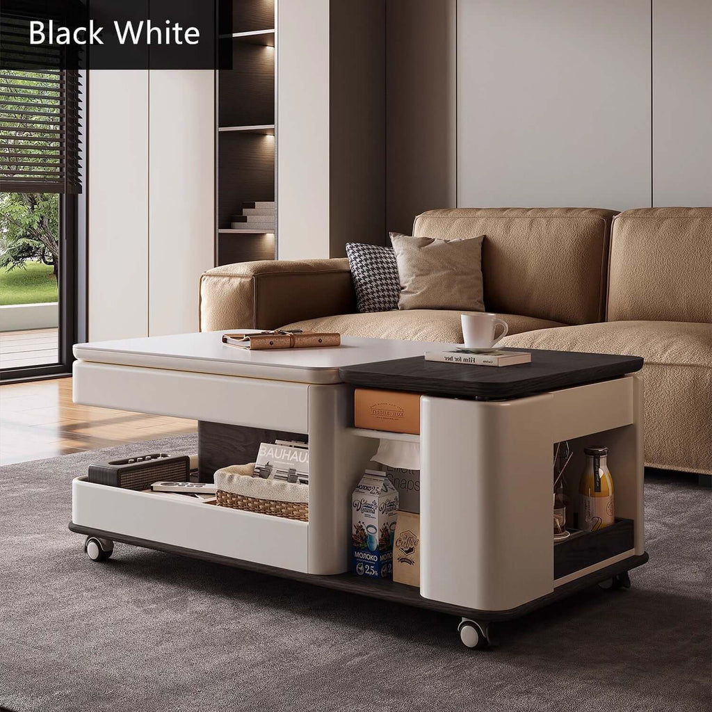 Walnut-White Rotating Lift Coffee Table with Storage
