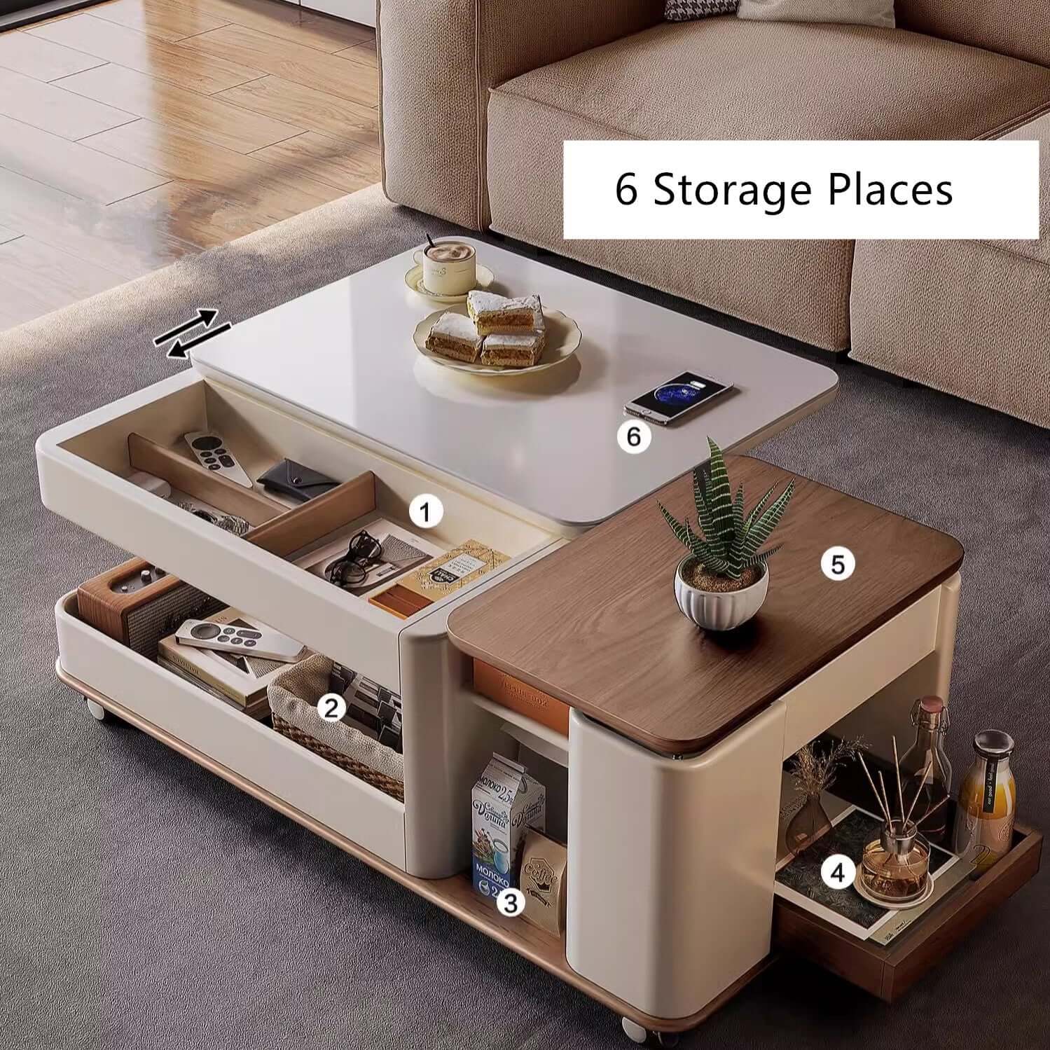 Walnut-White Rotating Lift Coffee Table with Storage