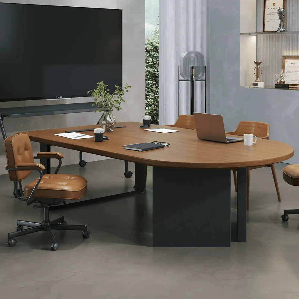 Walnut Wood Conference Table Series With Curved End and Hidden Power