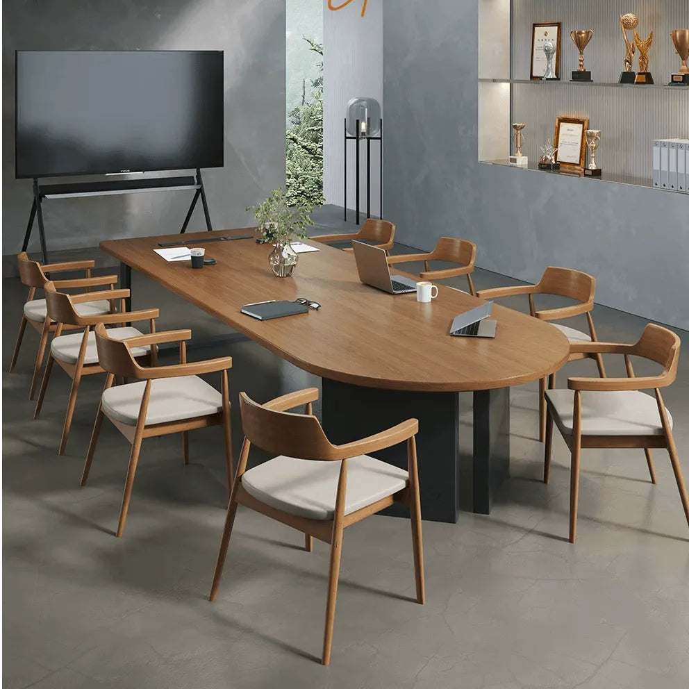 Walnut Wood Conference Table Series With Curved End and Hidden Power