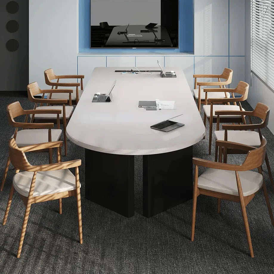 Walnut Wood Conference Table Series With Curved End and Hidden Power