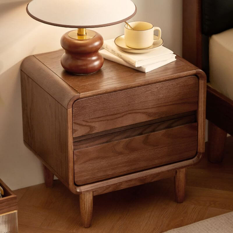 Walnut Wood Modern Two-Tier Nightstand with Hidden Pull Drawers