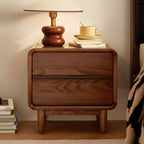 Walnut Wood Modern Two-Tier Nightstand with Hidden Pull Drawers
