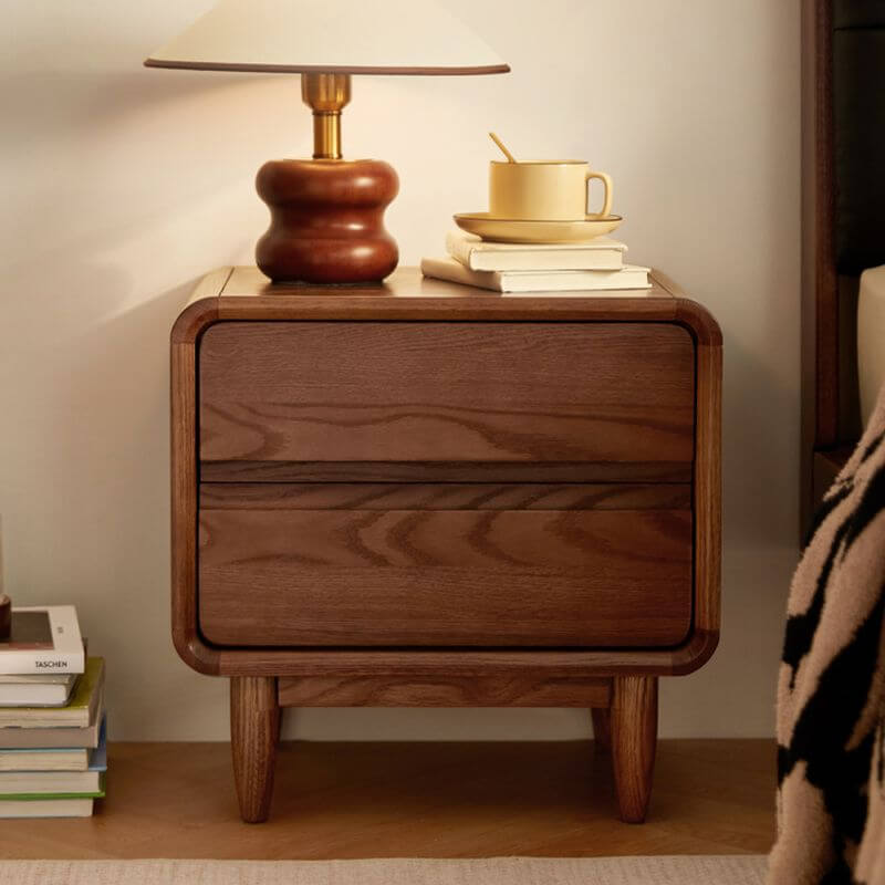 Walnut Wood Modern Two-Tier Nightstand with Hidden Pull Drawers