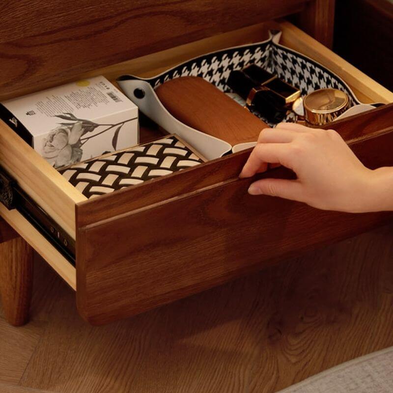 Walnut Wood Modern Two-Tier Nightstand with Hidden Pull Drawers