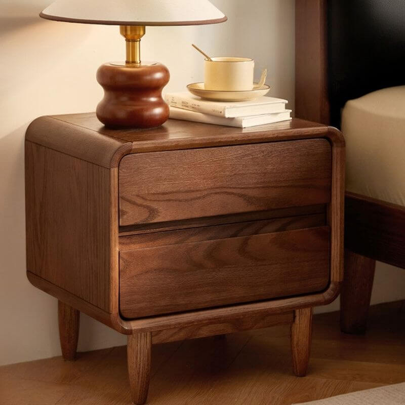 Walnut Wood Modern Two-Tier Nightstand with Hidden Pull Drawers Main Product Image