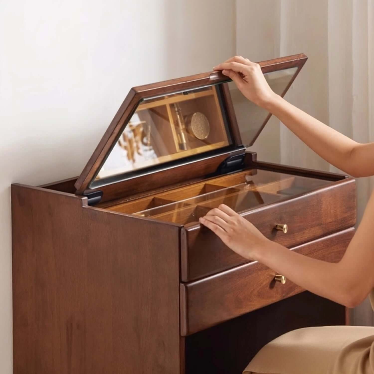 Walnut Wood Vanity with Flip Mirror & Hidden Storage Stool