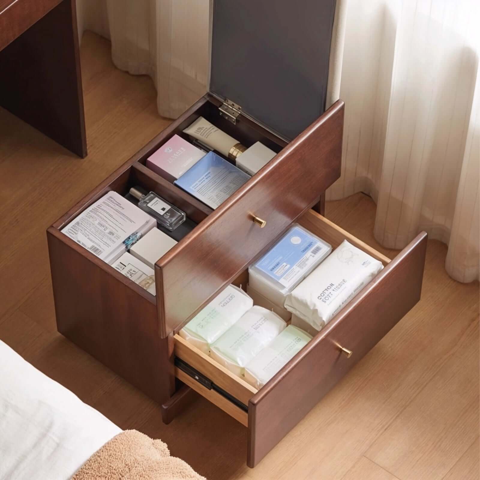 Walnut Wood Vanity with Flip Mirror & Hidden Storage Stool
