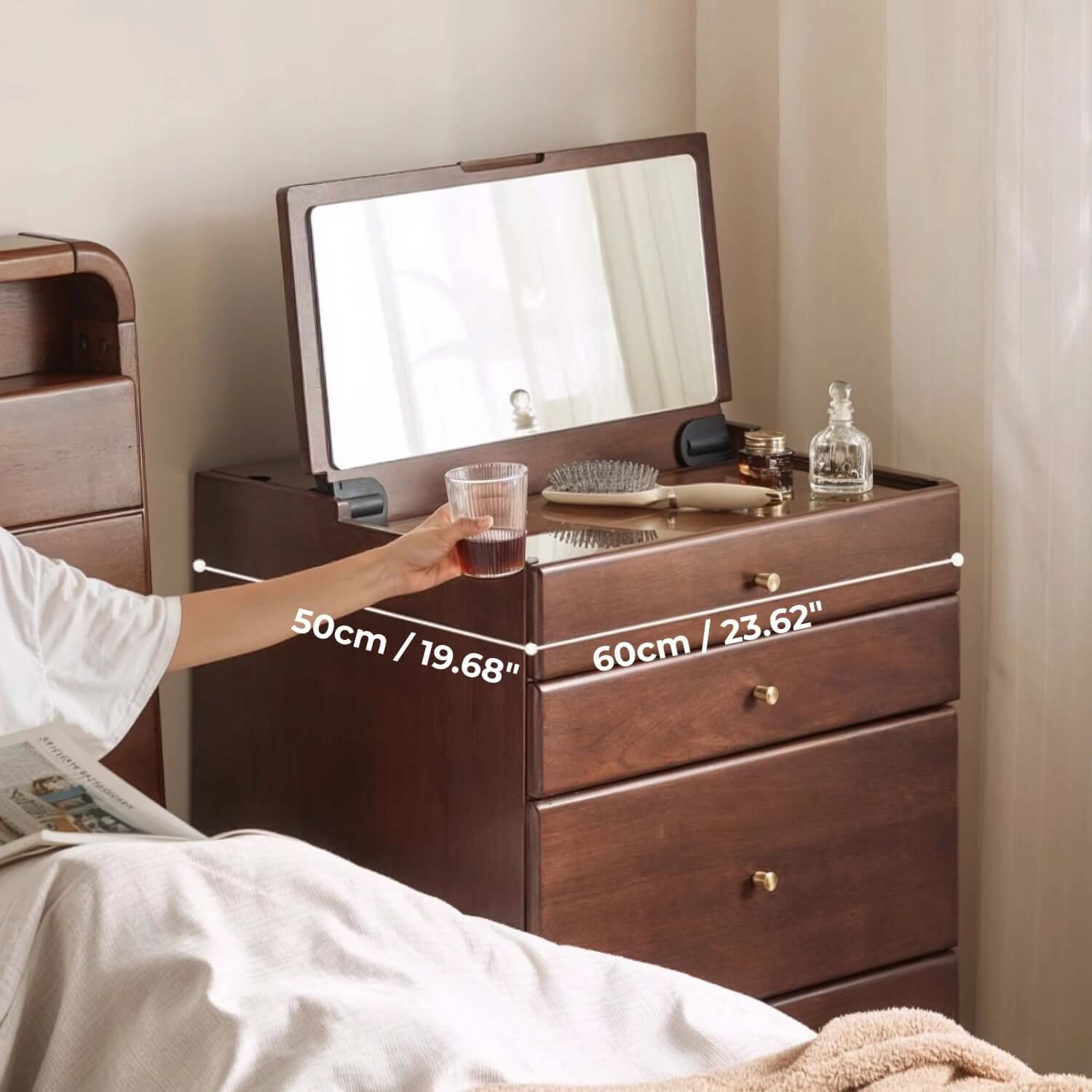Walnut Wood Vanity with Flip Mirror & Hidden Storage Stool
