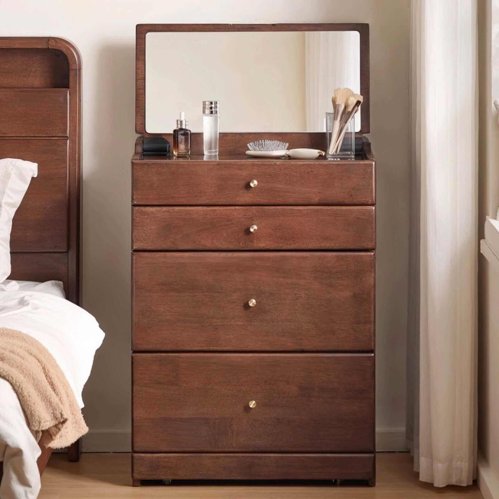 Walnut Wood Vanity with Flip Mirror & Hidden Storage Stool