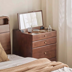 Walnut Wood Vanity with Flip Mirror & Hidden Storage Stool