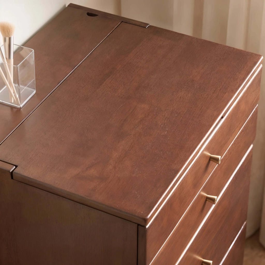 Walnut Wood Vanity with Flip Mirror & Hidden Storage Stool