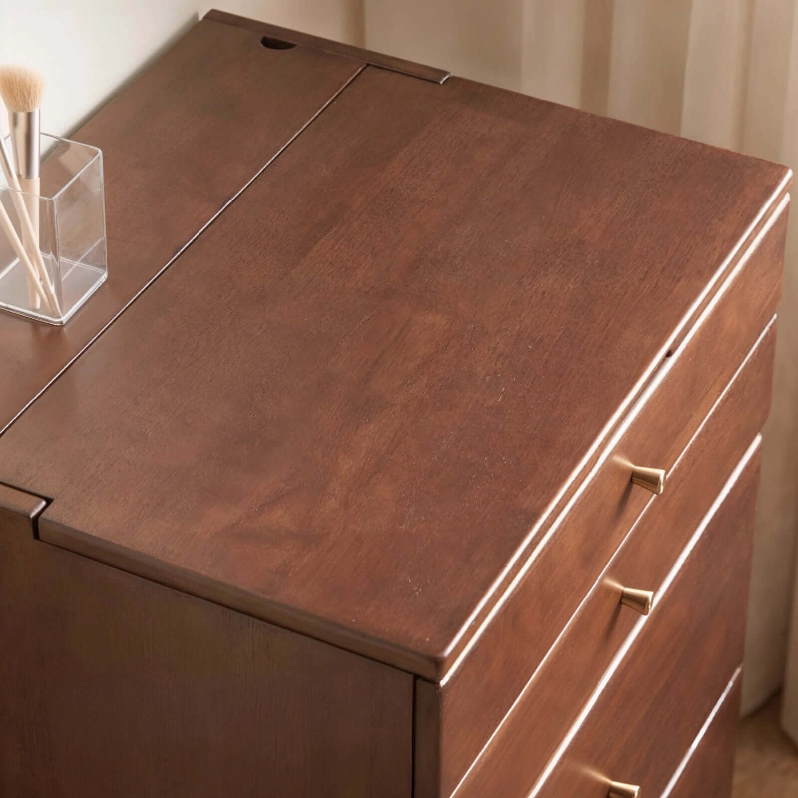 Walnut Wood Vanity with Flip Mirror & Hidden Storage Stool