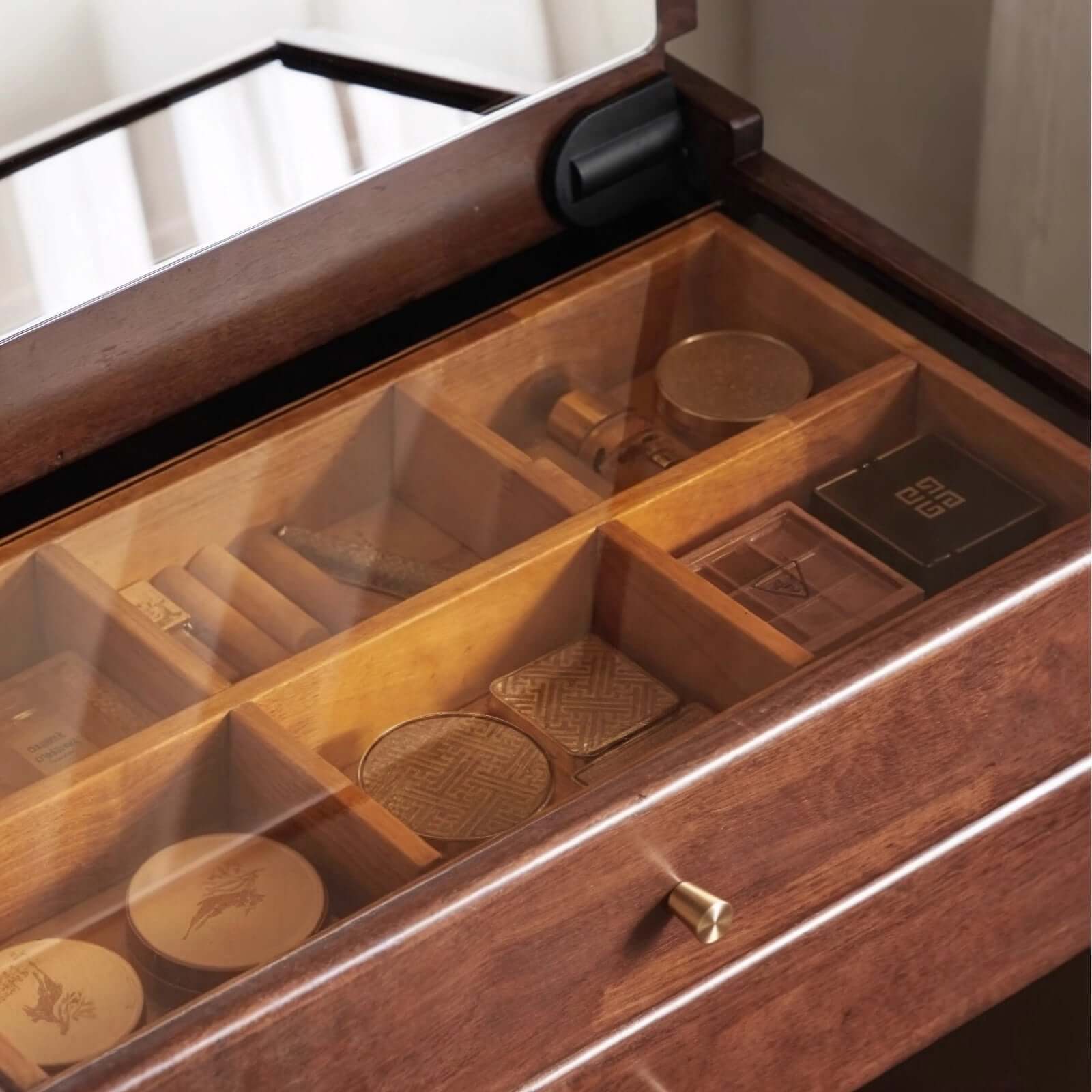 Walnut Wood Vanity with Flip Mirror & Hidden Storage Stool