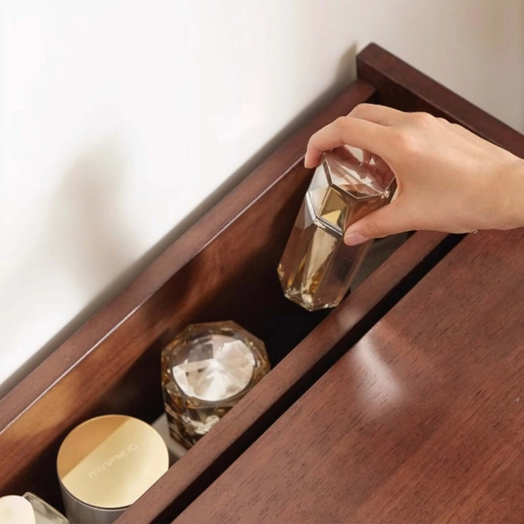 Walnut Wood Vanity with Flip Mirror & Hidden Storage Stool