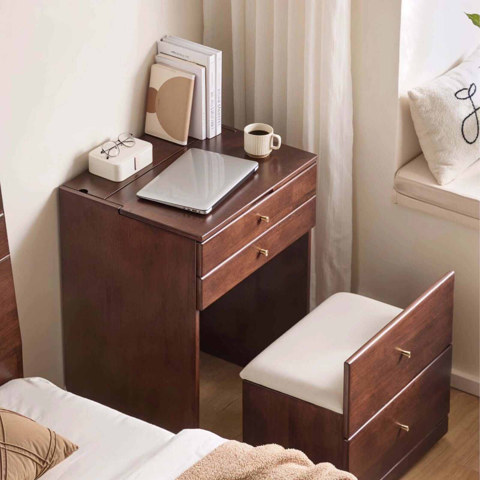 Walnut Wood Vanity with Flip Mirror & Hidden Storage Stool サブ画像
