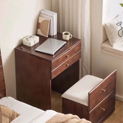 Walnut Wood Vanity with Flip Mirror & Hidden Storage Stool