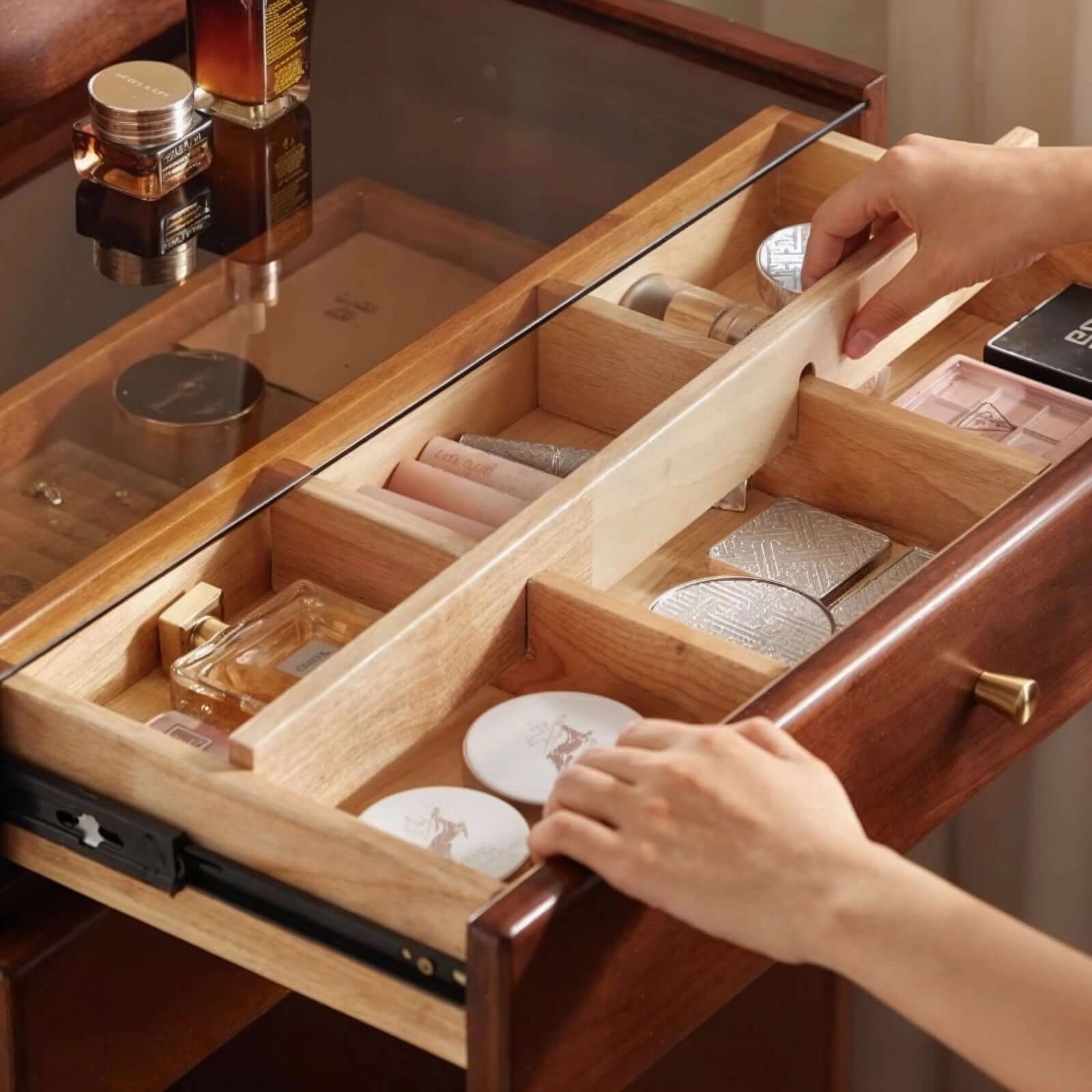 Walnut Wood Vanity with Flip Mirror & Hidden Storage Stool