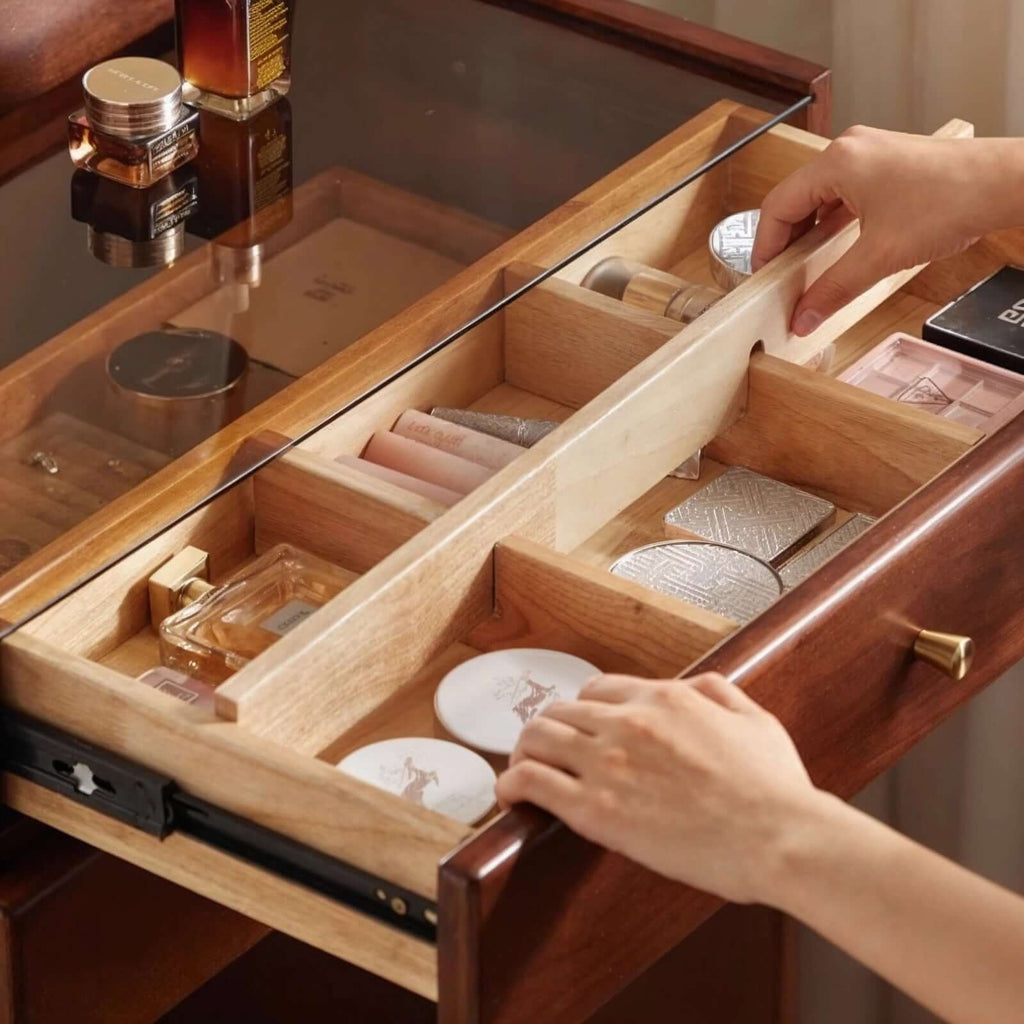 Walnut Wood Vanity with Flip Mirror & Hidden Storage Stool