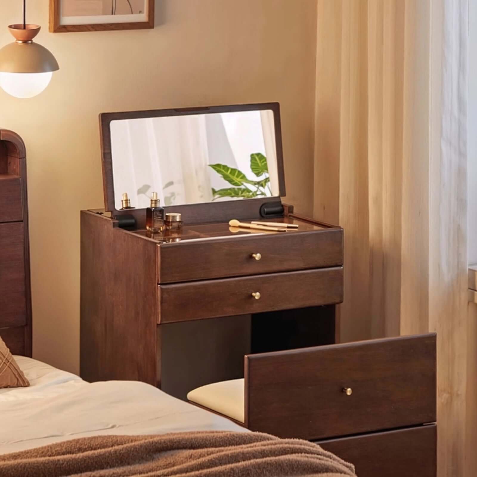 Walnut Wood Vanity with Flip Mirror & Hidden Storage Stool