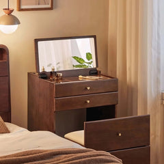 Walnut Wood Vanity with Flip Mirror & Hidden Storage Stool