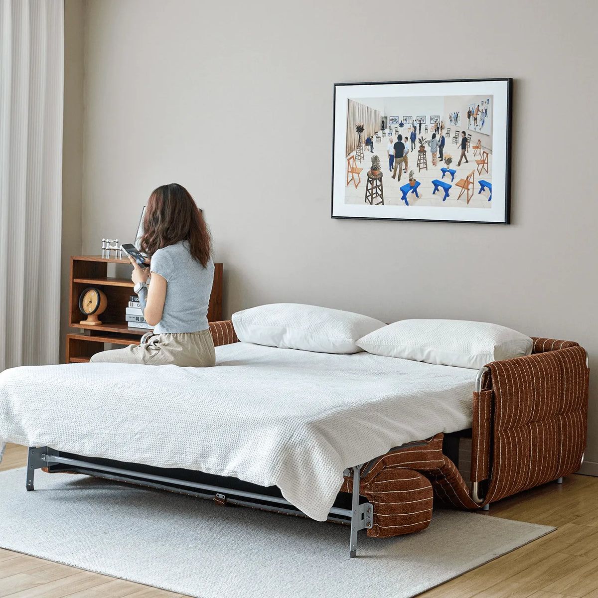 Warm Brown Textured Sofa Bed With Fold-Out Sleeper Function